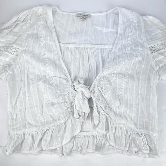 American Eagle V-Neck Gauzy Lace Tie-Front White Blouse Top BOHO L - Picture 7 of 14